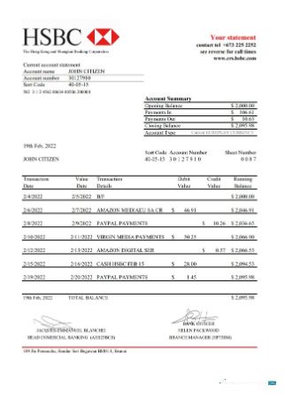Download Brunei HSBC bank statement excel Photoshop template